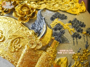 Đôi lọ bảo bình men rạn đắp nổi Phúc Lộc Thọ dát vàng, cao 1m