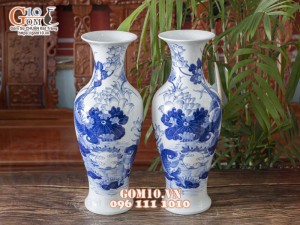 Đôi lọ dáng dế men lam cổ vẽ Cá Chép Sen Phú Quý cao 50cm