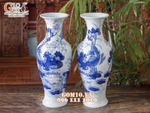 Đôi lọ dáng dế men lam cổ vẽ Cá Chép Sen Phú Quý cao 50cm