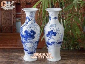 Đôi lọ dáng dế men lam cổ vẽ Cá Chép Sen Phú Quý cao 50cm