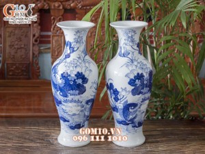 Đôi lọ dáng dế men lam cổ vẽ Cá Chép Sen Phú Quý cao 50cm