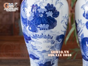 Đôi lọ dáng dế men lam cổ vẽ Cá Chép Sen Phú Quý cao 50cm
