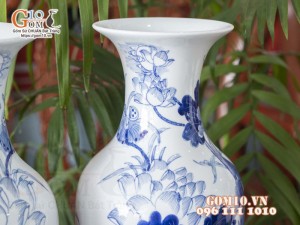 Đôi lọ dáng dế men lam cổ vẽ Cá Chép Sen Phú Quý cao 50cm