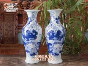 Đôi lọ dáng dế men lam cổ vẽ Cá Chép Sen Phú Quý cao 50cm