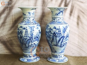 Đôi lọ hoa chân váy men lam cổ vẽ Sơn Thủy, cao 41cm