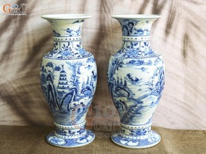 Đôi lọ hoa chân váy men lam cổ vẽ Sơn Thủy, cao 41cm