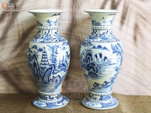 Đôi lọ hoa chân váy men lam cổ vẽ Sơn Thủy, cao 41cm