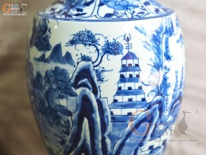 Đôi lọ hoa chân váy men lam cổ vẽ Sơn Thủy, cao 41cm