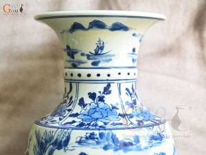 Đôi lọ hoa chân váy men lam cổ vẽ Sơn Thủy, cao 41cm