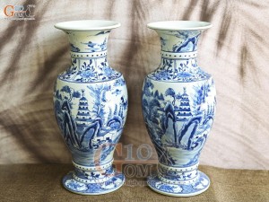 Đôi lọ hoa chân váy men lam cổ vẽ Sơn Thủy, cao 41cm