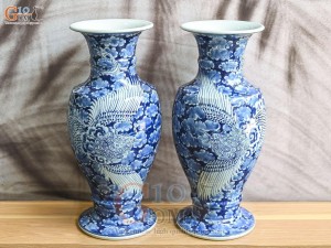 Đôi lọ hoa chân váy Phượng men lam cổ nền băng, cao 41cm