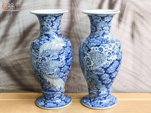 Đôi lọ hoa chân váy Phượng men lam cổ nền băng, cao 41cm