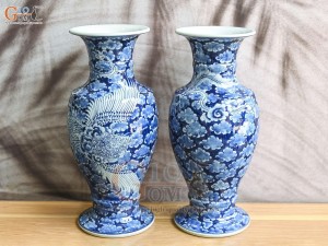 Đôi lọ hoa chân váy Phượng men lam cổ nền băng, cao 41cm