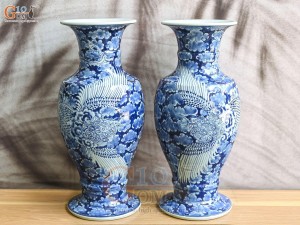 Đôi lọ hoa chân váy Phượng men lam cổ nền băng, cao 41cm