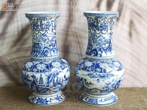 Đôi lọ hoa dáng bầu men lam cổ vẽ cảnh Sơn Thủy, cao 39cm