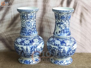 Đôi lọ hoa dáng bầu men lam cổ vẽ cảnh Sơn Thủy, cao 39cm