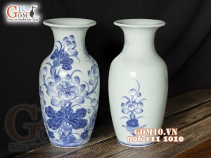 Đôi lộc bình men lam vẽ Sen Tài Lộc, cao 24cm