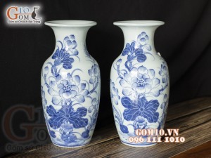 Đôi lộc bình men lam vẽ Sen Tài Lộc, cao 24cm