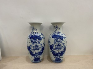 Đôi lọ lộc bình men lam vẽ Sen Tài Lộc, cao 28cm