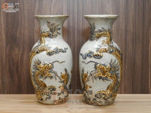Đôi lọ hoa dáng lộc bình men rạn đắp nổi Rồng Như Ý vẽ vàng 24k, cao 32cm