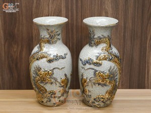 Đôi lọ hoa dáng lộc bình men rạn đắp nổi Rồng Như Ý vẽ vàng 24k, cao 32cm
