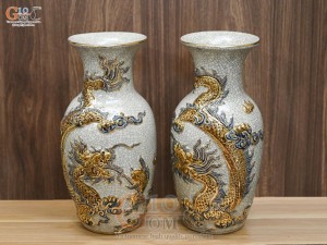 Đôi lọ hoa dáng lộc bình men rạn đắp nổi Rồng Như Ý vẽ vàng 24k, cao 32cm