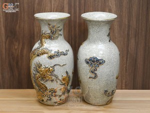 Đôi lọ hoa dáng lộc bình men rạn đắp nổi Rồng Như Ý vẽ vàng 24k, cao 32cm