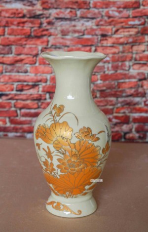 Đôi Lọ hoa dáng lộc bình vẽ sen vàng kim 26cm