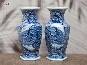 Đôi lọ hoa dáng lục giác vẽ Phượng băng, cao 33cm