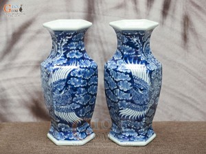 Đôi lọ hoa dáng lục giác vẽ Phượng băng, cao 33cm
