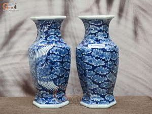 Đôi lọ hoa dáng lục giác vẽ Phượng băng, cao 33cm