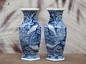Đôi lọ hoa dáng lục giác vẽ Phượng băng, cao 33cm