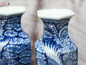 Đôi lọ hoa dáng lục giác vẽ Phượng băng, cao 33cm