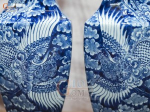 Đôi lọ hoa dáng lục giác vẽ Phượng băng, cao 33cm