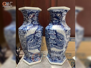 Đôi lọ hoa dáng lục giác vẽ Phượng băng, cao 33cm