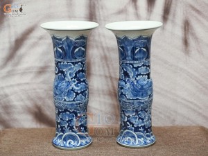 Đôi lọ hoa dáng ống trúc vẽ Long Ẩn nền băng, cao 34cm