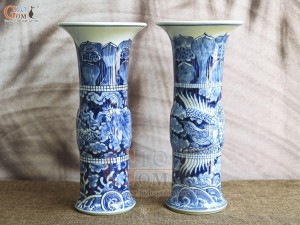 Đôi lọ hoa dáng ống trúc vẽ Long Phụng nền băng, cao 34cm