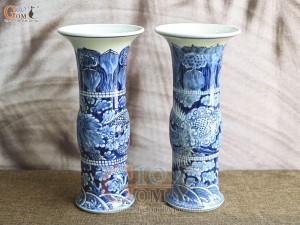 Đôi lọ hoa dáng ống trúc vẽ Long Phụng nền băng, cao 34cm