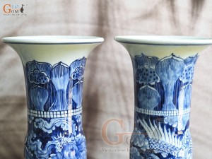 Đôi lọ hoa dáng ống trúc vẽ Long Phụng nền băng, cao 34cm