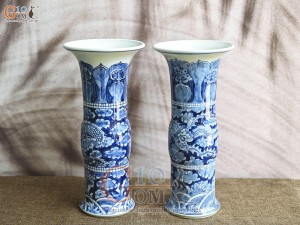 Đôi lọ hoa dáng ống trúc vẽ Long Phụng nền băng, cao 34cm