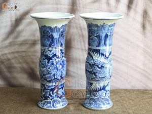 Đôi lọ hoa dáng ống trúc vẽ Long Phụng nền băng, cao 34cm