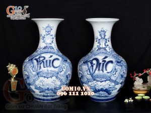Đôi lọ hoa dáng tỏi thân to, họa tiết Phúc Đức cao 62cm