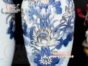 Đôi lọ hoa men lam vẽ Sen Tài Lộc, vẽ vàng 24k - cao 34cm