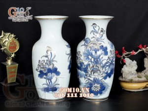 Đôi lọ hoa men lam vẽ Sen Tài Lộc, vẽ vàng 24k - cao 34cm