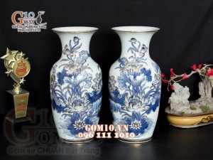 Đôi lọ hoa men lam vẽ Sen Tài Lộc, vẽ vàng 24k - cao 34cm