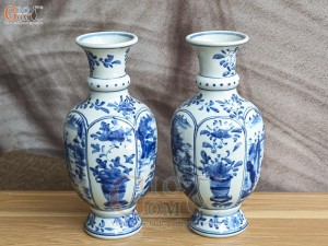 Đôi lọ hoa men lam cổ vẽ Sơn Thủy, cao 25cm