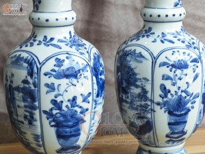 Đôi lọ hoa men lam cổ vẽ Sơn Thủy, cao 25cm