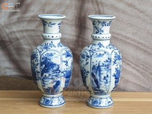 Đôi lọ hoa men lam cổ vẽ Sơn Thủy, cao 25cm