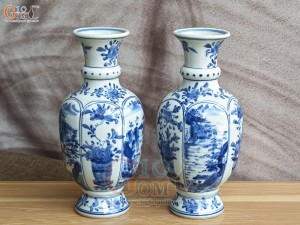 Đôi lọ hoa men lam cổ vẽ Sơn Thủy, cao 25cm