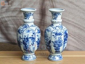 Đôi lọ hoa men lam cổ vẽ Sơn Thủy, cao 25cm